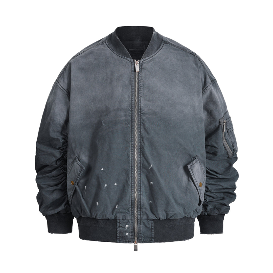 Faded gradient distressed cotton bomber jacket loose fit with ribbed cuffs and stand collar
