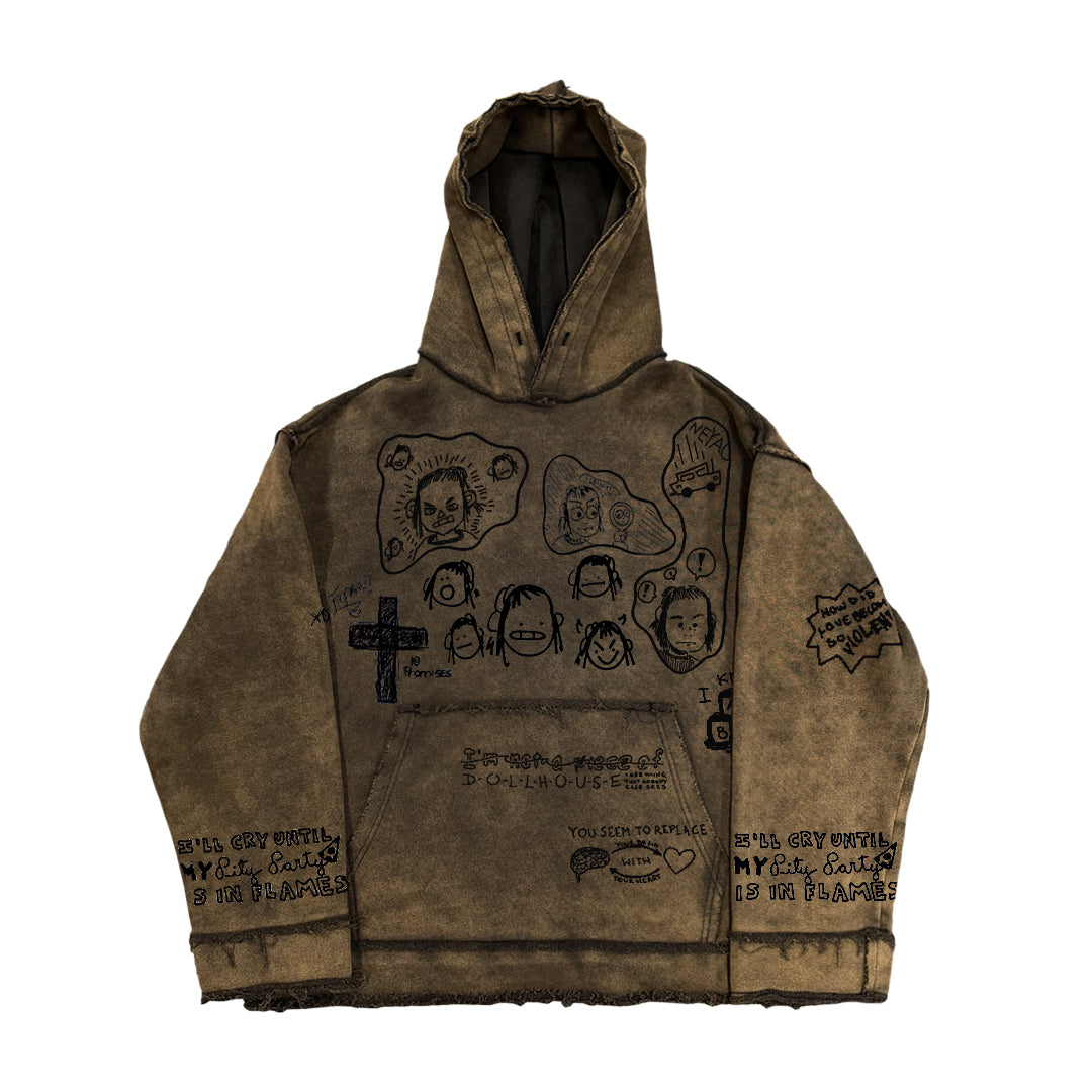 Oversized faded grey pullover hoodie with hand-sketched graffiti illustrations and distressed street style finish