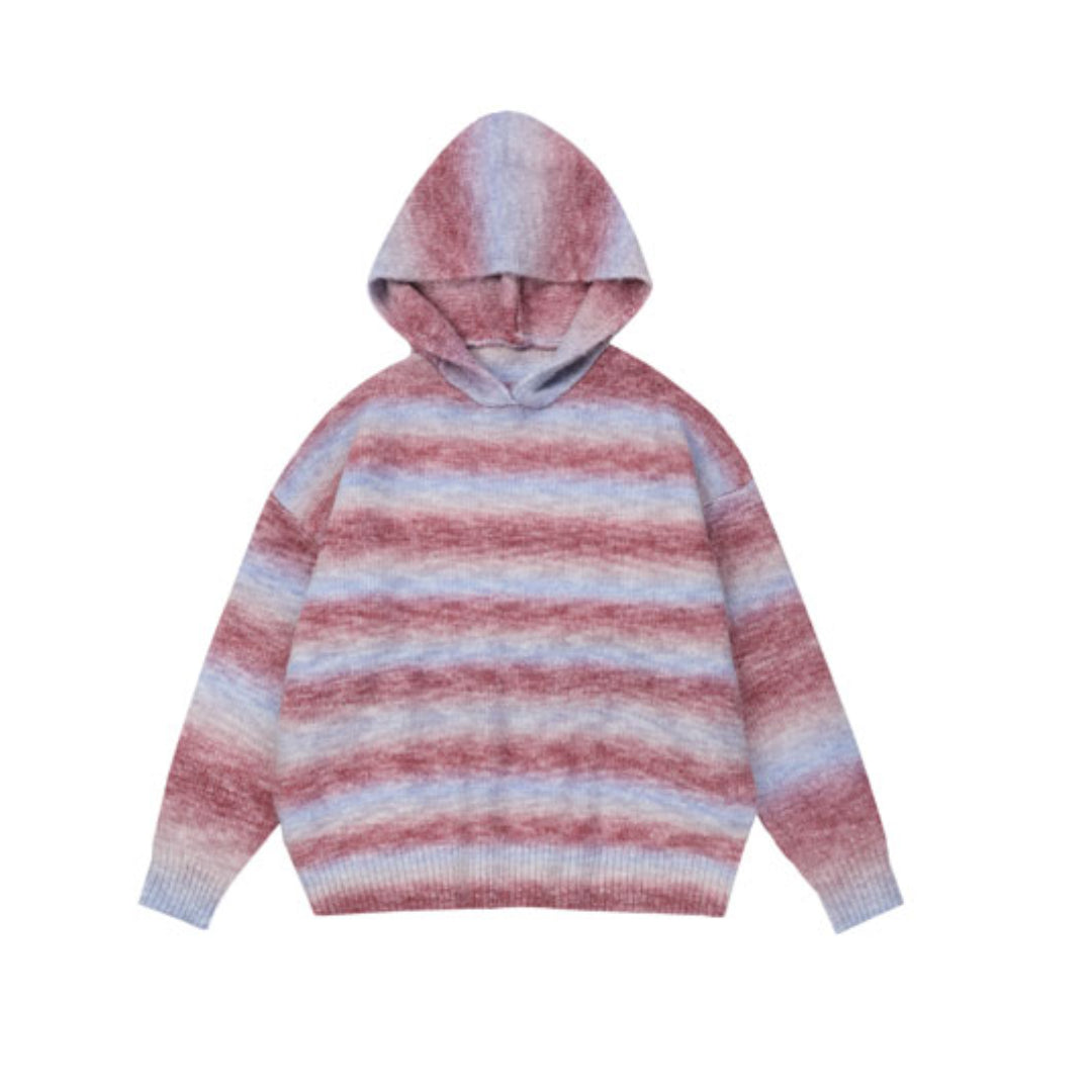 Gradient-striped knitted hoodie pullover in multicolor loose fit with oversized hood