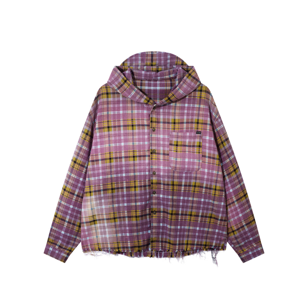 Oversized flannel hoodie gradient plaid green pink unisex loose fit button closure bold statement