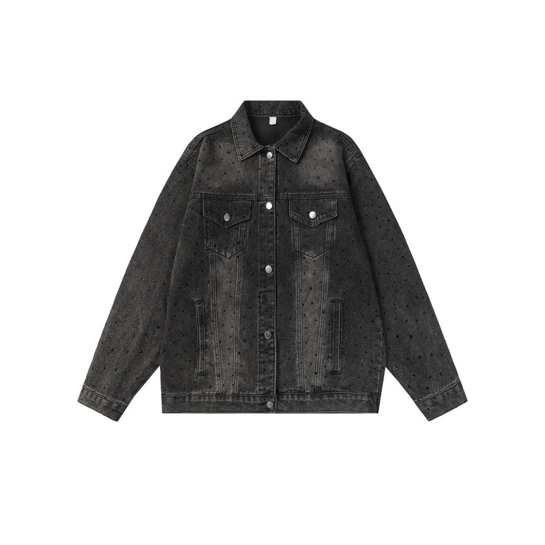 Blue washed denim jacket relaxed fit with sparkling rhinestone rivet embellishments, vintage-inspired workwear style
