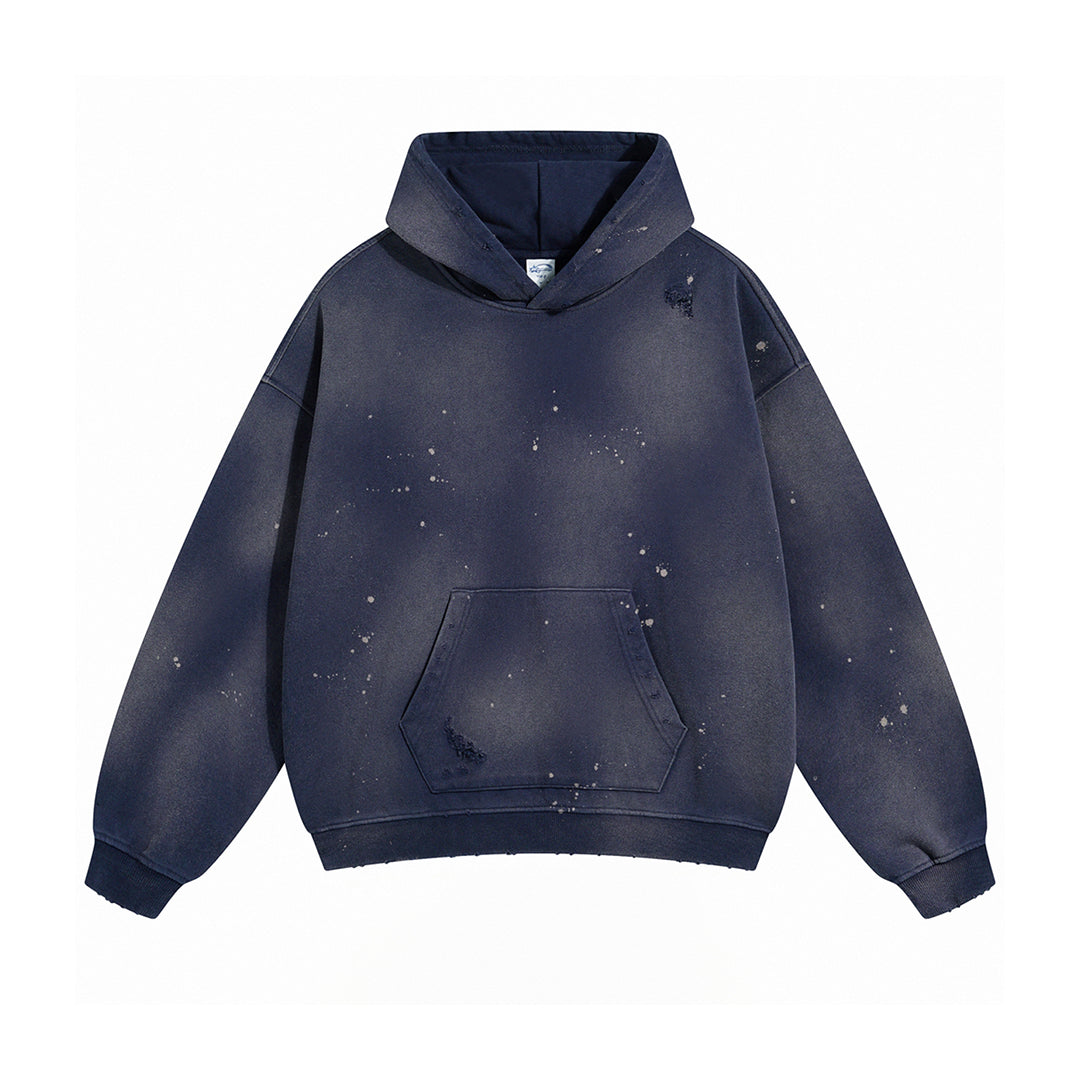 Bleached distressed cotton hoodie oversized loose fit with paint splatter detailing and waist pocket
