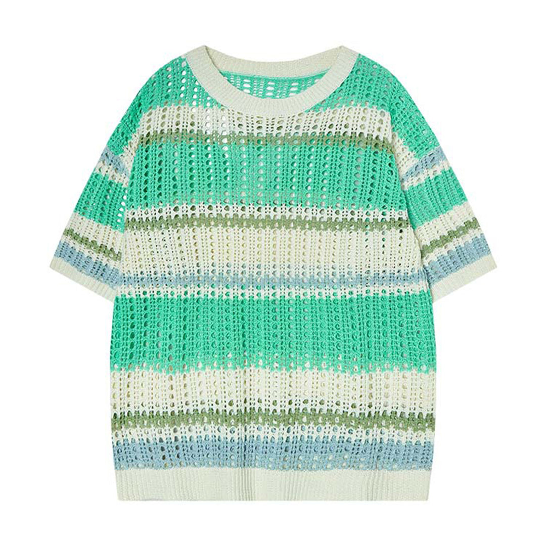 Relaxed-fit open-knit striped cotton sweater with crochet texture and round collar in a fresh palette