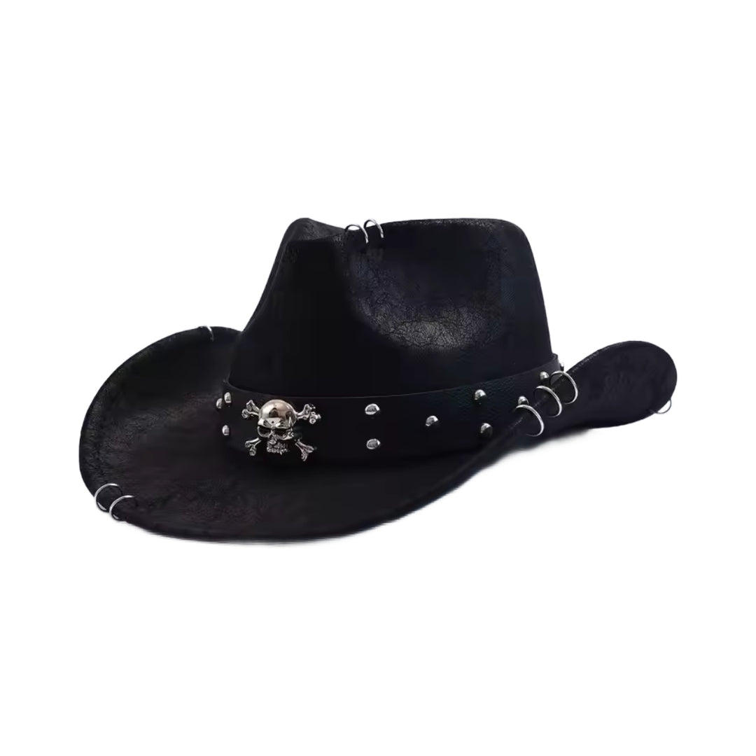 Black vegan leather Western cowboy hat with metal skull detailing and studded rivets along brim