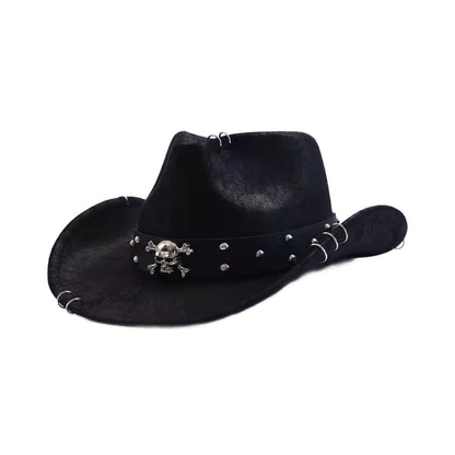 Black vegan leather Western cowboy hat with metal skull detailing and studded rivets along brim