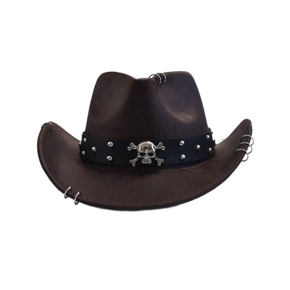 Black vegan leather Western cowboy hat with metal skull detailing, studded rivets, and edgy brim piercings