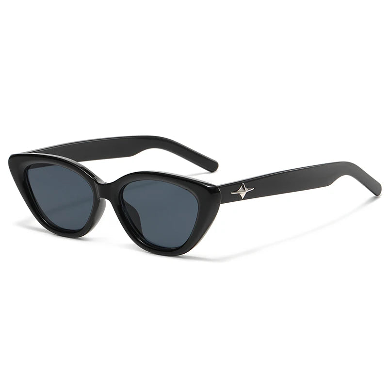 Glossy black cat-eye sunglasses with sleek acetate frame and star-detail temple accents