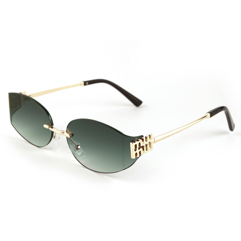 Rimless oval tinted sunglasses with minimal metal arms, futuristic sleek design UV-protective lenses
