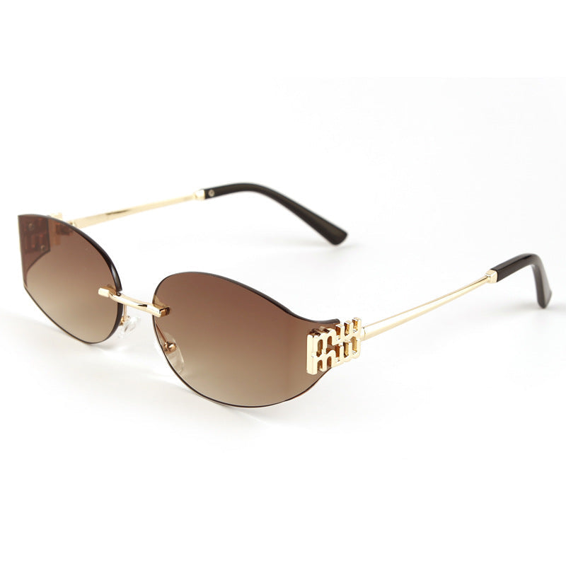 Rimless oval sunglasses with tinted UV-protective lenses, minimal metal arms, futuristic sleek style