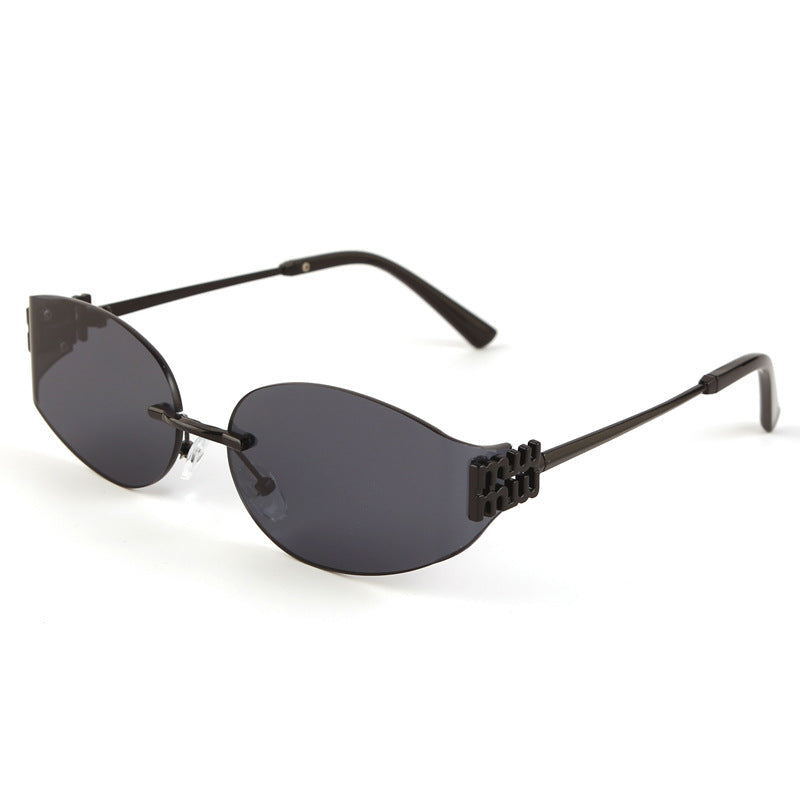 Rimless oval tinted sunglasses with minimal metal arms, futuristic sleek design for women