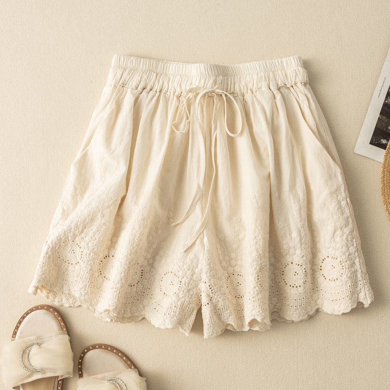 Ivory linen-cotton blend shorts with scalloped hem and delicate eyelet embroidery feminine cut