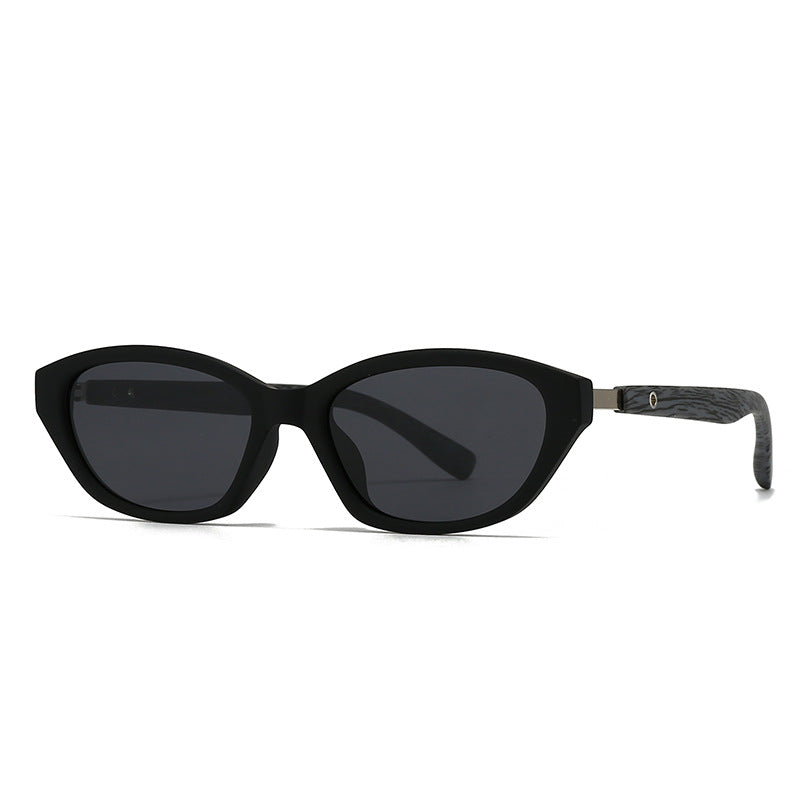 Black matte cat-eye sunglasses with wood-inspired arms and dark UV-protective lenses