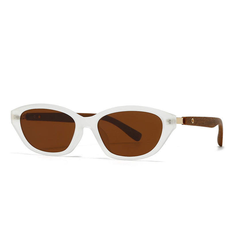 Bold matte black cat-eye sunglasses with wood-inspired arms and dark UV-protection lenses