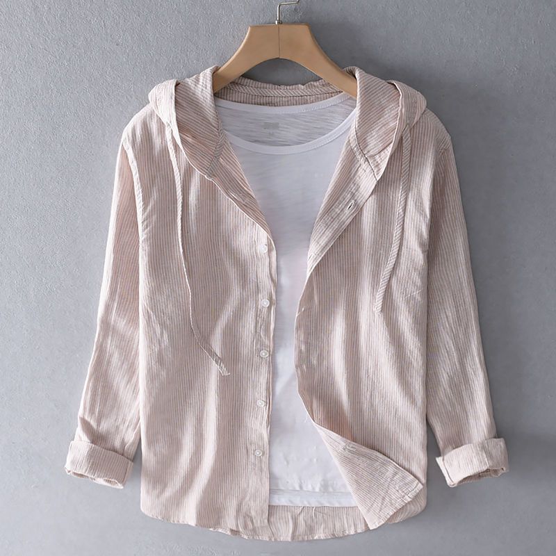 Nova striped linen hoodie shirt in coastal pinstripe, relaxed fit with drawstring hood and roll-up sleeves