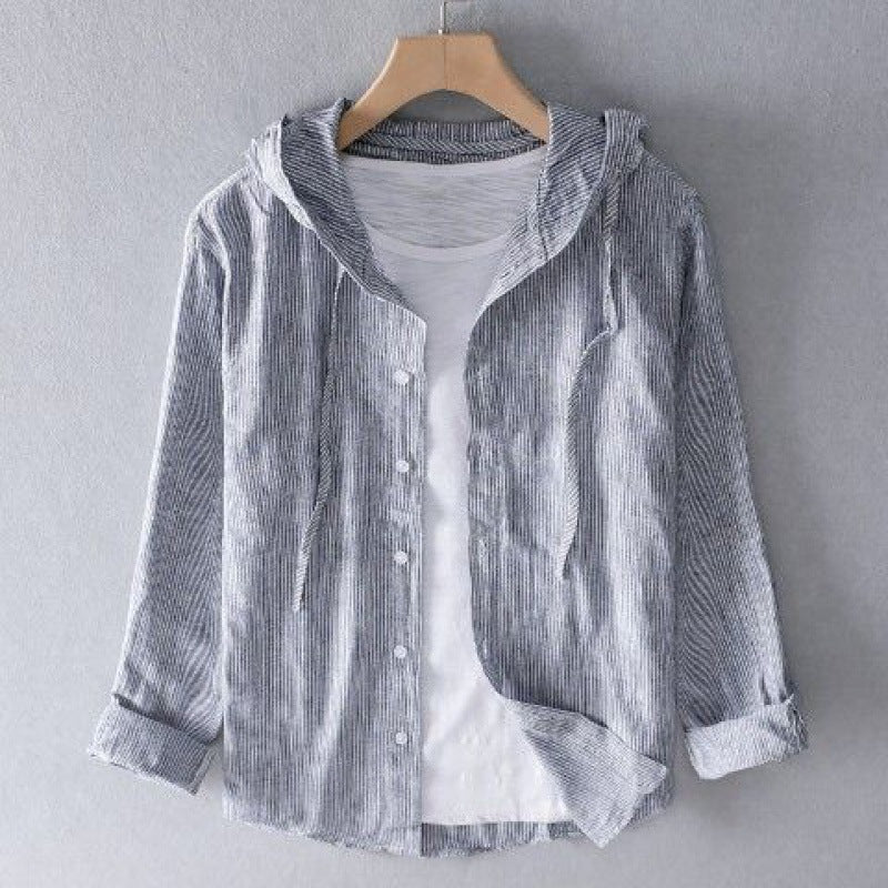 Nova striped linen hoodie shirt in coastal pinstripe, relaxed fit with drawstring hood and button-up front