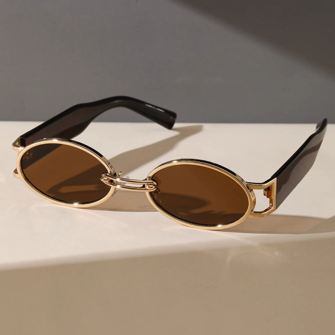 Vintage oval sunglasses tortoiseshell frame gold-tone metal rim UV400 protection unisex classic style
