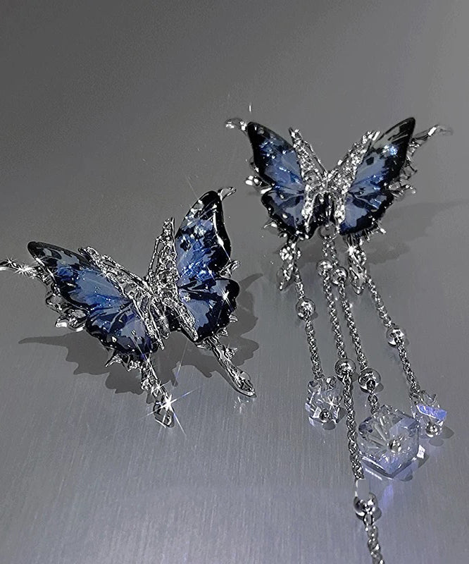 Boucles d'oreilles pendantes asymétriques fantaisie en alliage de cuivre bleu et résine cristalline avec pompon papillon - Wavlynn