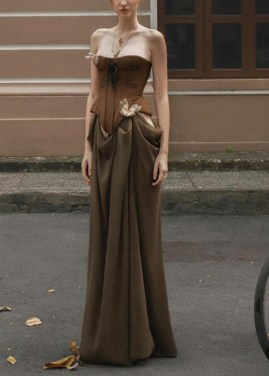 Robe longue de vacances marron fantaisie à épaules dénudées et patchwork pour l'été - Wavlynn