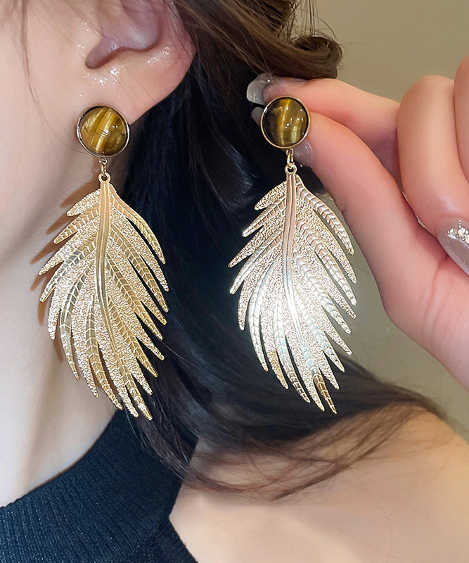 Boucles d'oreilles pendantes fantaisie en forme de feuille, en or, cuivre et zircon, œil de tigre - Wavlynn