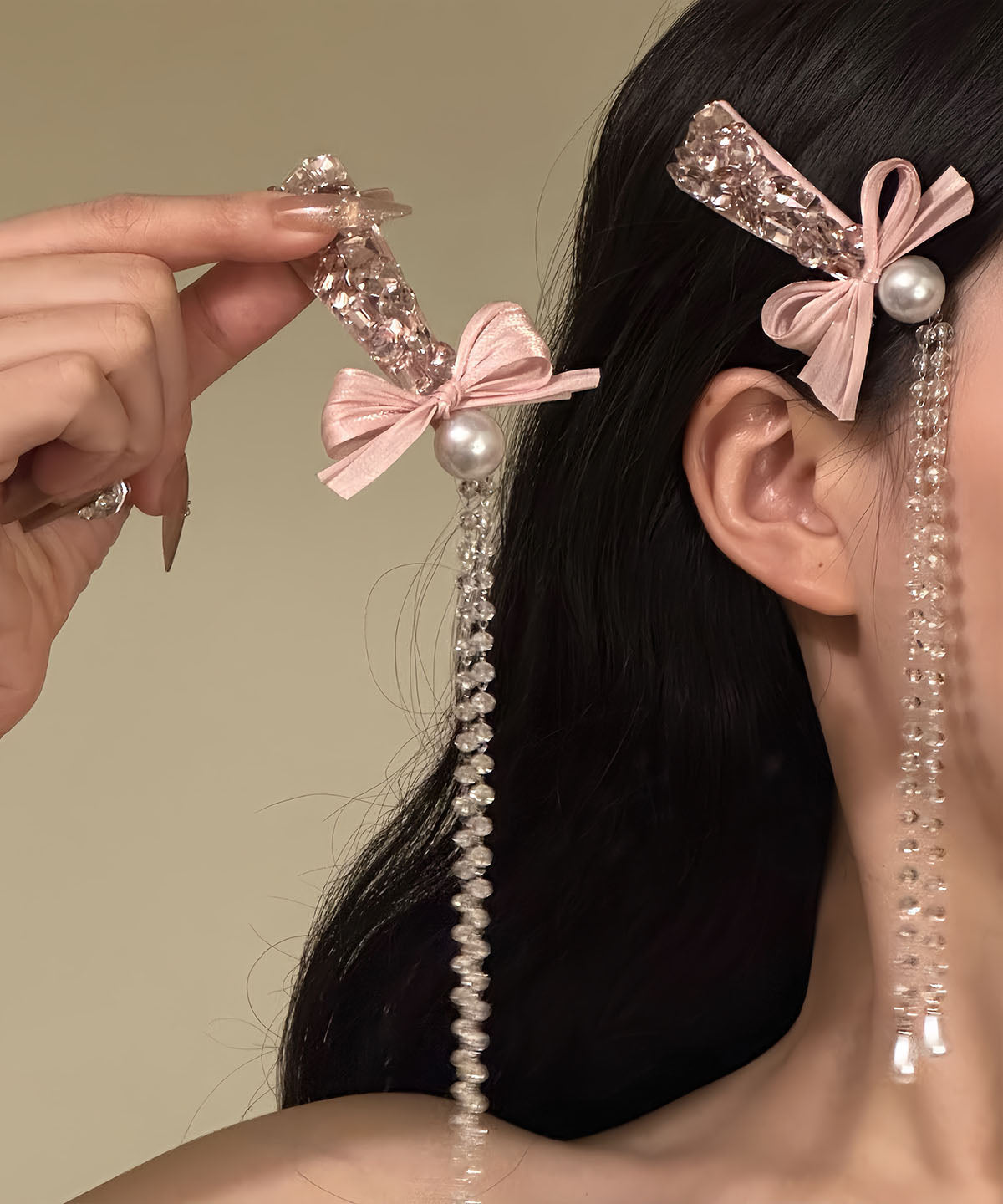 Paire d'épingles à cheveux fantaisie en alliage rose avec nœud et pompon en zircon - Wavlynn