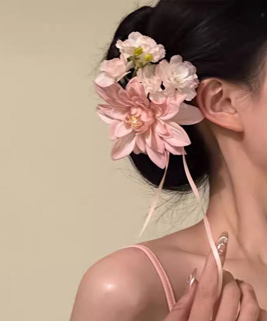 Épingle à cheveux fantaisie en alliage rose avec ruban floral - Wavlynn