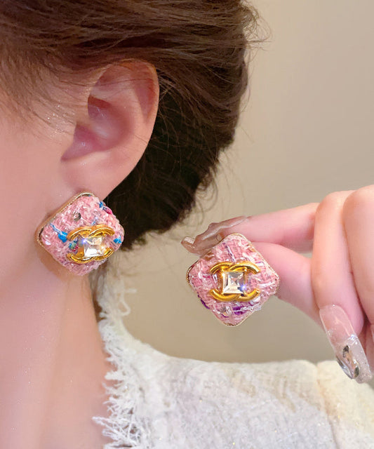 Boucles d'oreilles à tige carrées fantaisie en alliage de zircon rose - Wavlynn