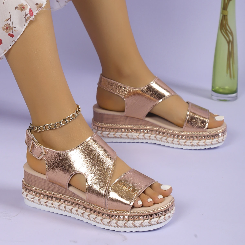 Women's gold metallic platform sandals with glamour finish and elevated chunky sole