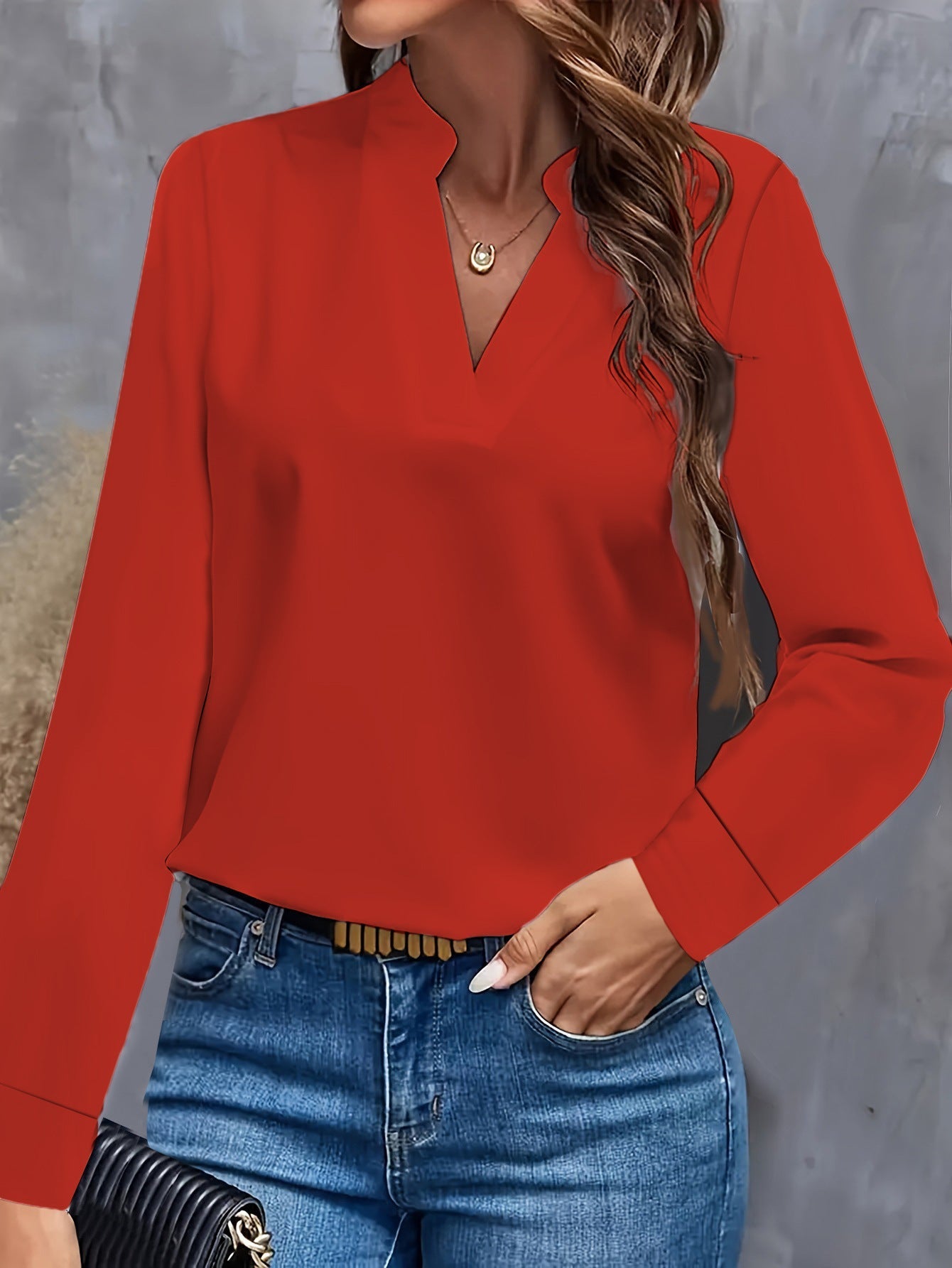 Women's elegant loose fit V-neck mandarin collar blouse, long sleeve versatile office festive top