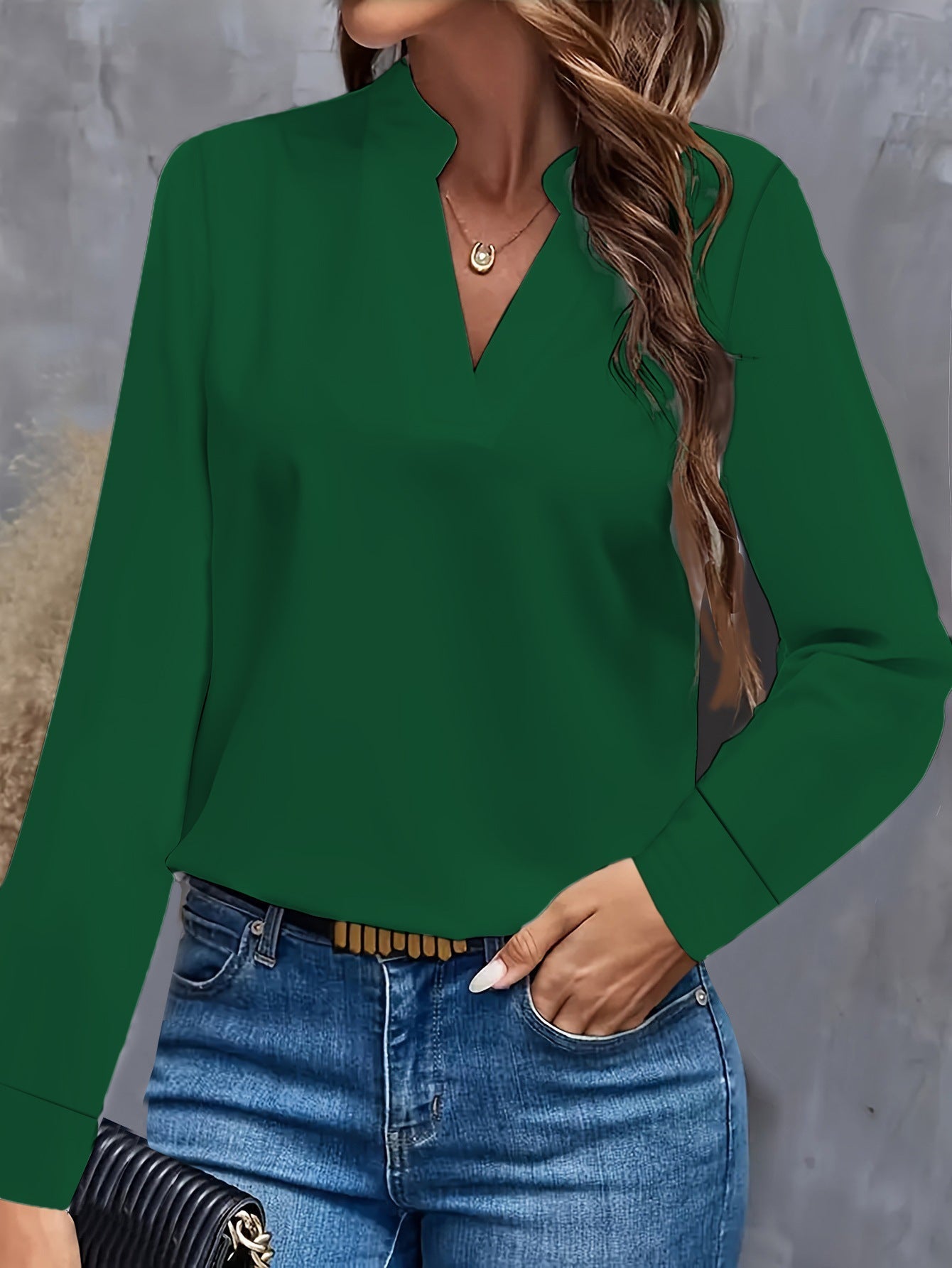 Women's elegant loose-fit blouse V-neck mandarin collar long sleeve versatile office festive style
