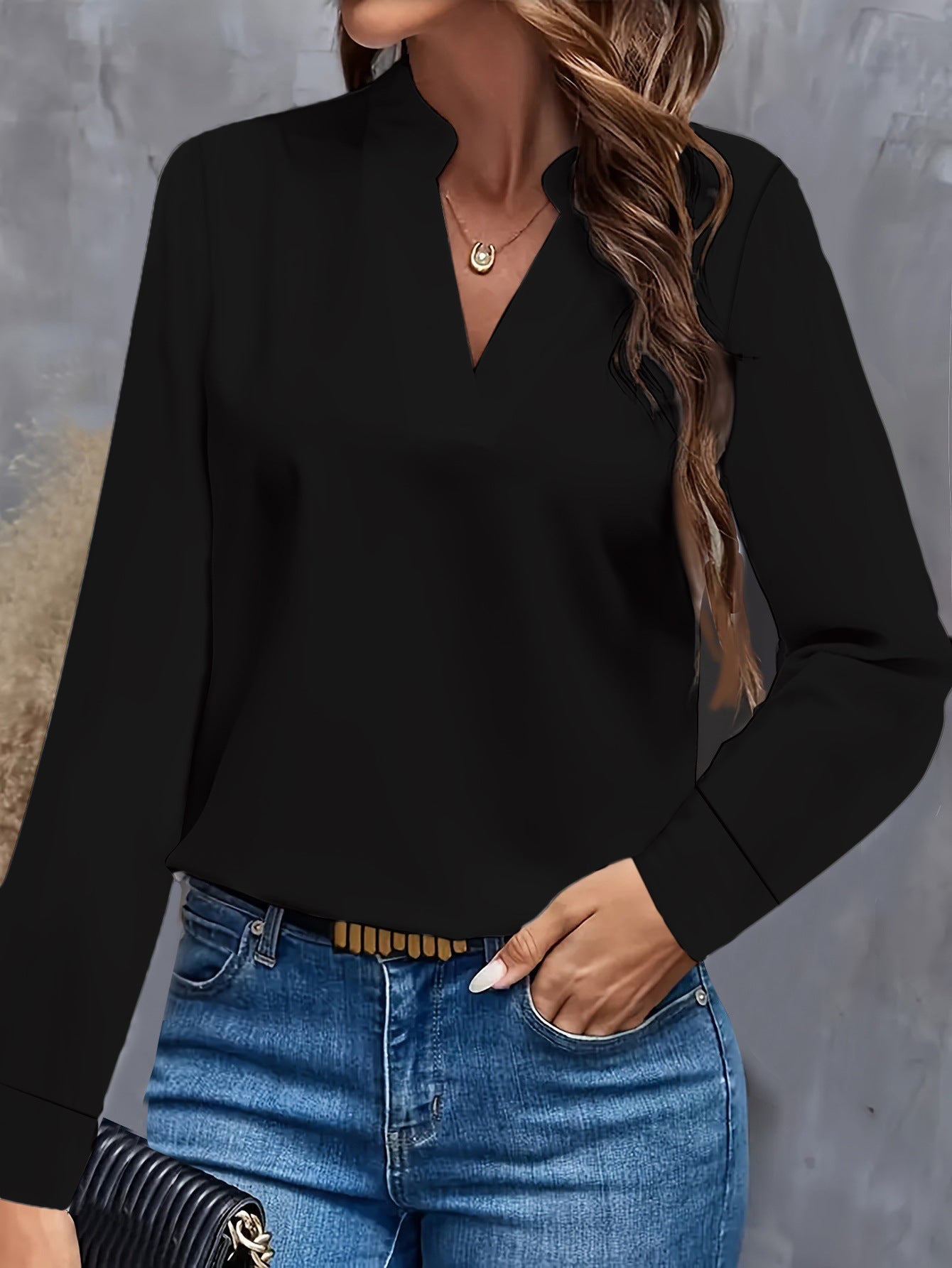 Women's elegant loose fit blouse V-neck mandarin collar long sleeve versatile office festive wear