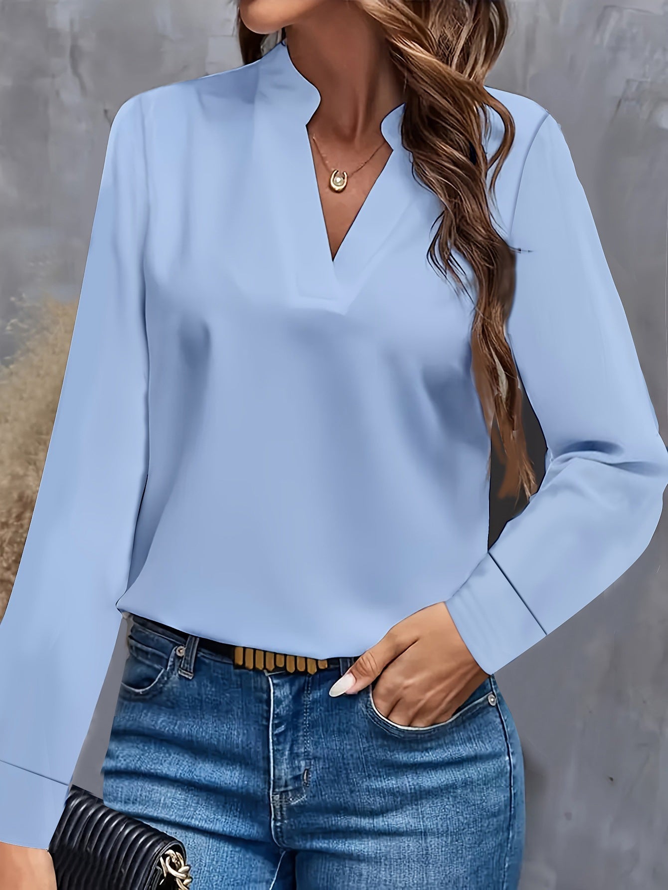 Women's elegant loose-fit blouse V-neck mandarin collar long sleeve versatile office festive wear