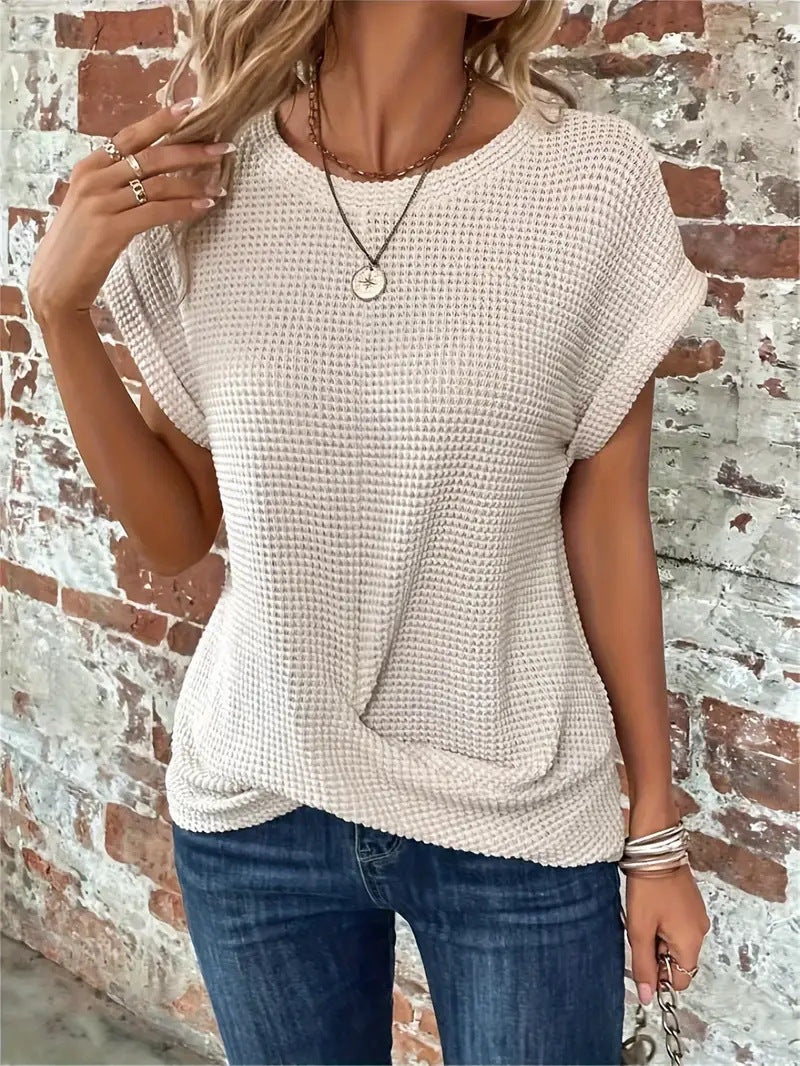 Women's beige waffle knit casual tee with rolled sleeves and front twist detail