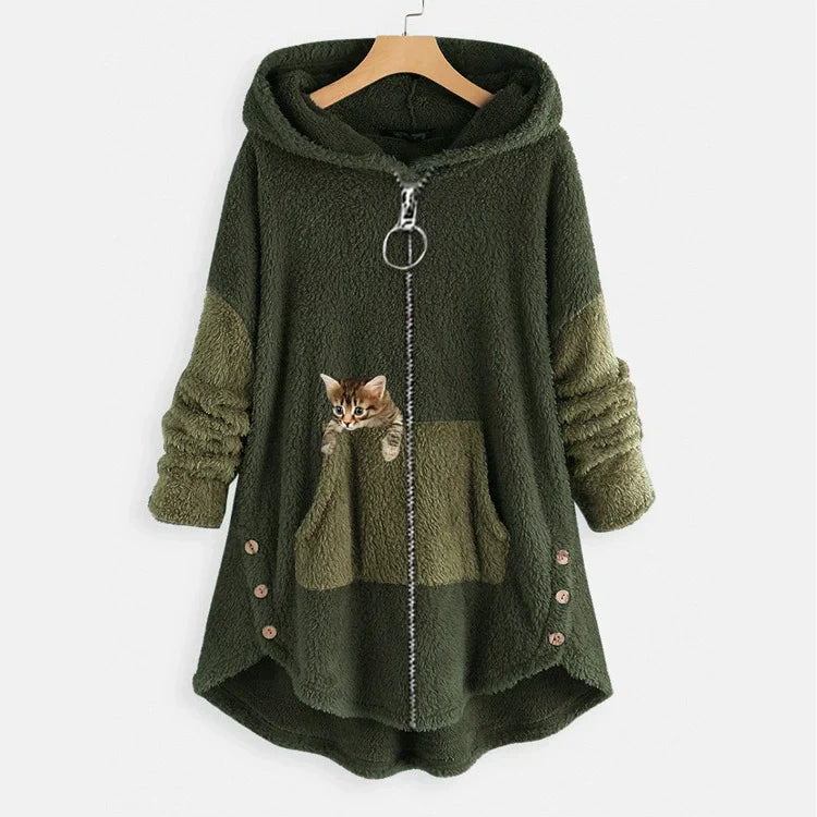 Women's oversized plush fleece long hooded jacket in neutral tone with whimsical cat pocket detail