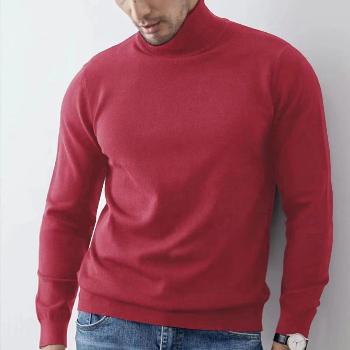 Men's slim fit turtleneck top in cotton-blend knit with ribbed trim, long sleeve layering essential