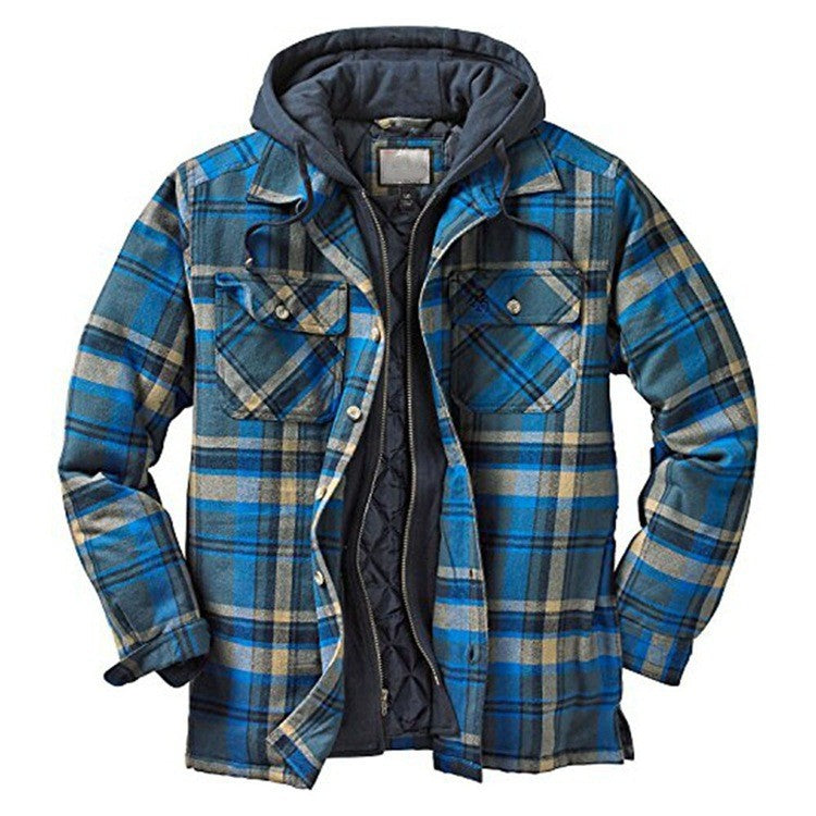 Men's plaid hooded jacket relaxed fit thick cotton quilted lining checkered winter coat