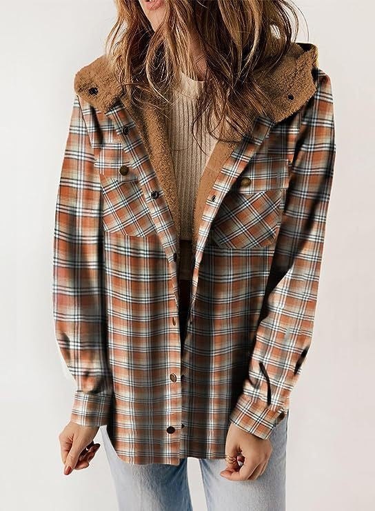 Women's relaxed-fit wool plaid coat with plush-lined hood, cozy fall winter casual outerwear by Wavlynn