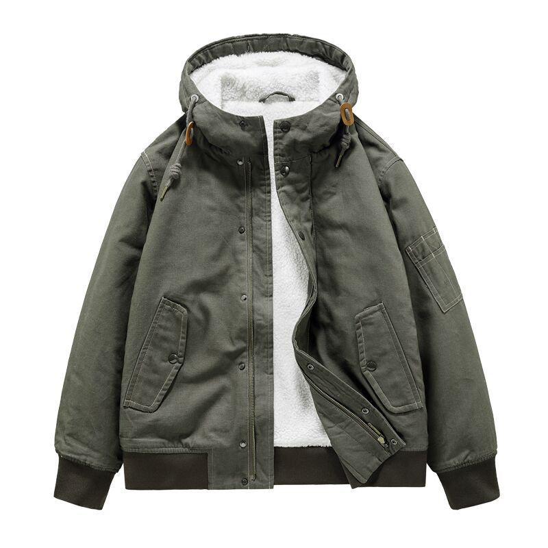 Oversized black thermo utility hoodie with full-fleece lining, patch pockets, and detachable drawstring hood