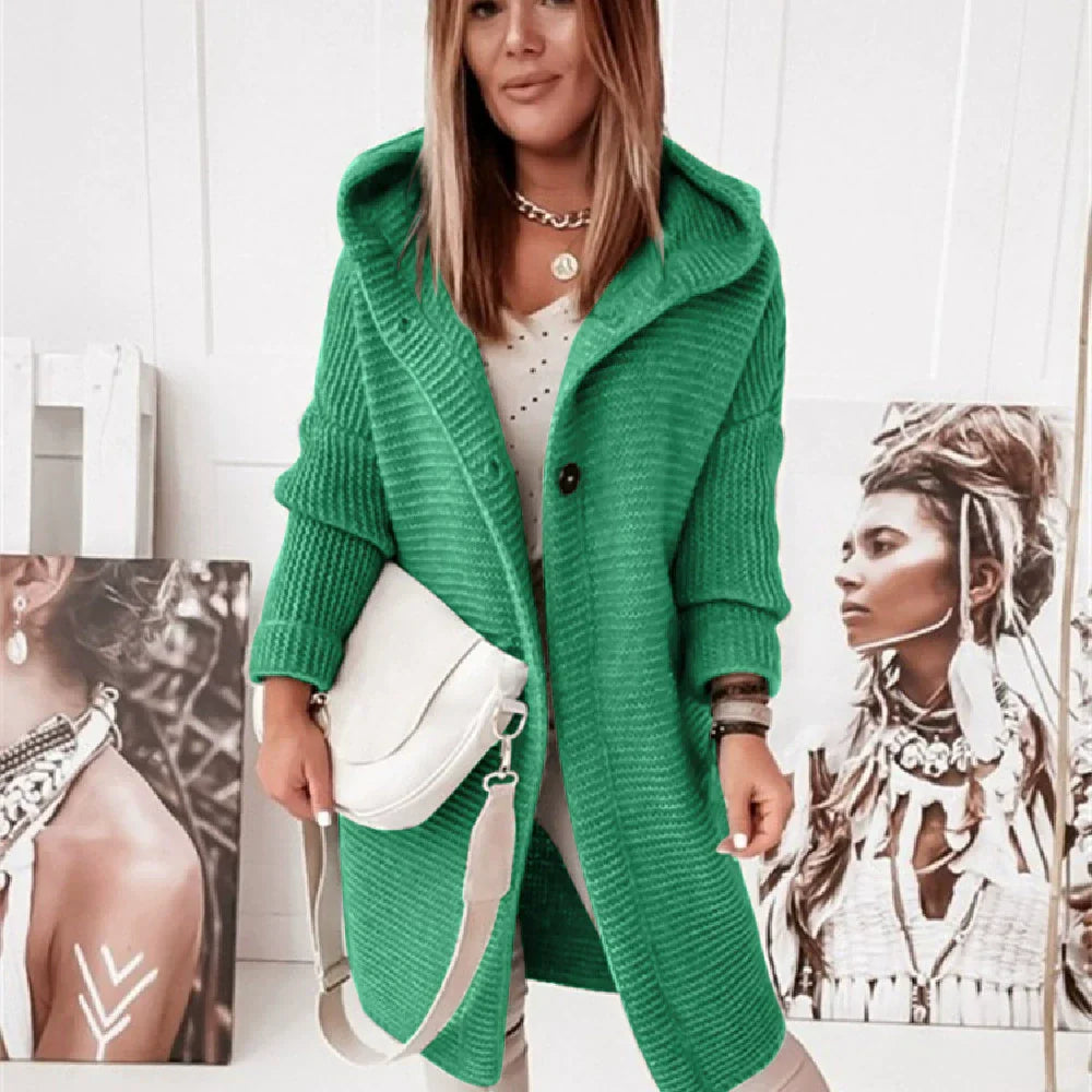 Women's soft beige longline hooded cardigan ribbed knit button front cozy layering essential