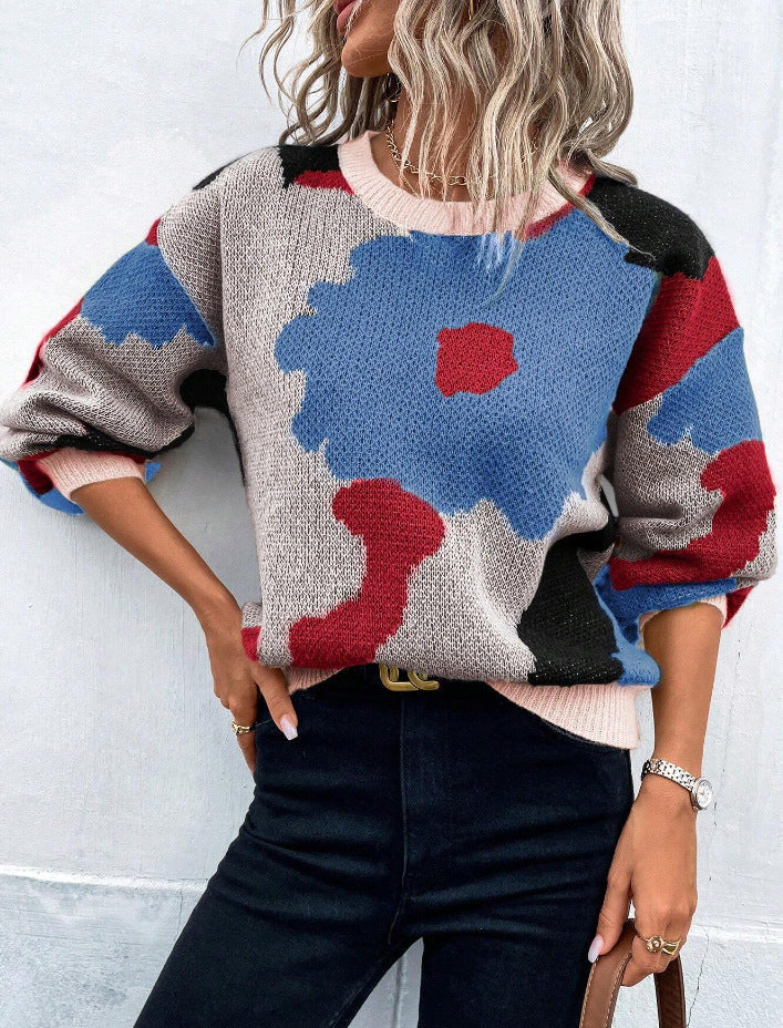 Vibrant floral print women's pullover sweater in multicolor, relaxed fit with all-over botanical pattern