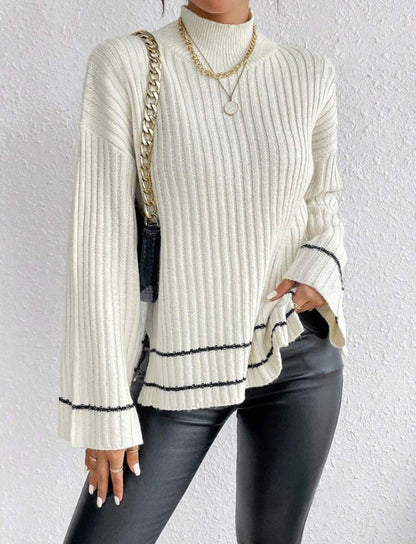 Women's oversized ribbed knit sweater with high neck and long sleeves for cozy everyday wear