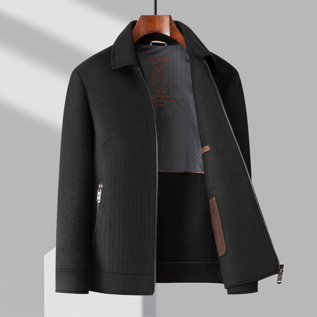 Alessio structured wool-blend jacket in neutral tone with zip closure and classic turn-down collar