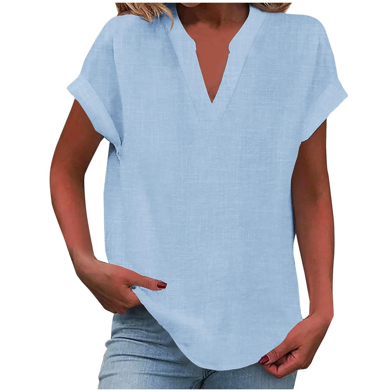 Relaxed V-neck blouse in smooth drape fabric with rolled short sleeves and polished notched neckline