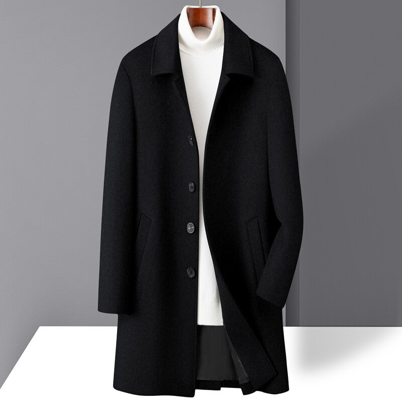 Men's mid-length wool blend overcoat with notch lapel, tailored straight cut, timeless versatile style