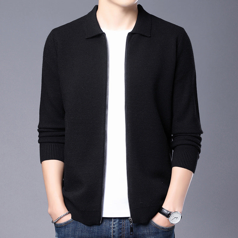 Men's slim fit wool blend zip cardigan classic collar ribbed cuffs versatile smart-casual layer