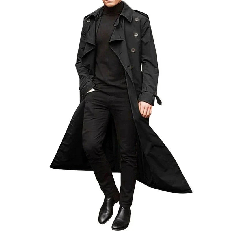 Men's tailored fit double-breasted trench coat with notched lapels, full-length polished silhouette