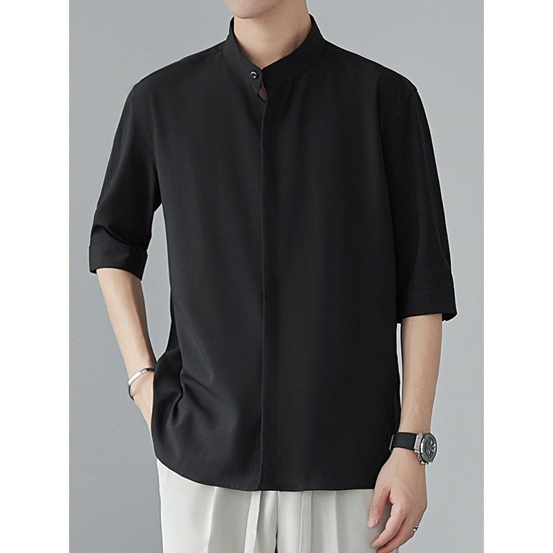 Men's Relaxed Fit Breathable Cotton Shirt With Mandarin Collar And Three Quarter Sleeves Casual Everyday
