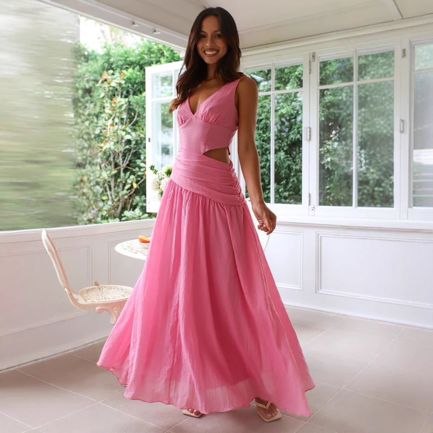 Women's sleeveless maxi dress A-line V-neck silhouette with waist cutout for elegant summer style