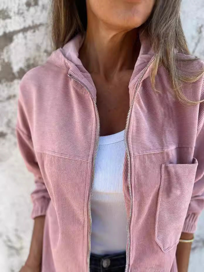 Women's beige corduroy hooded jacket relaxed fit zip front with elastic cuffs casual everyday wear