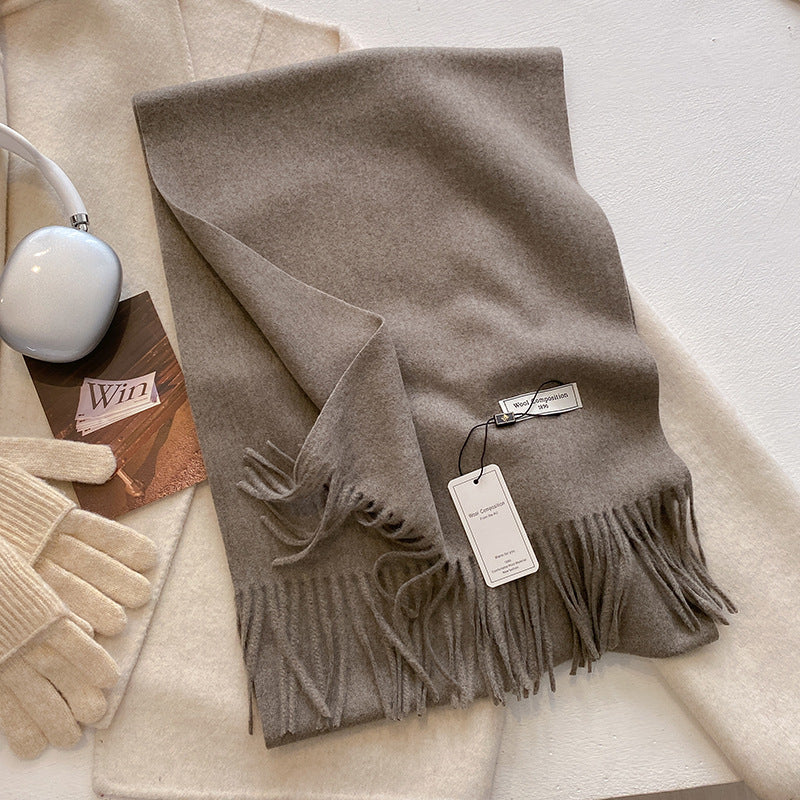 Soft plain tassel scarf shawl in neutral tone, versatile wrap with fringe hem detail