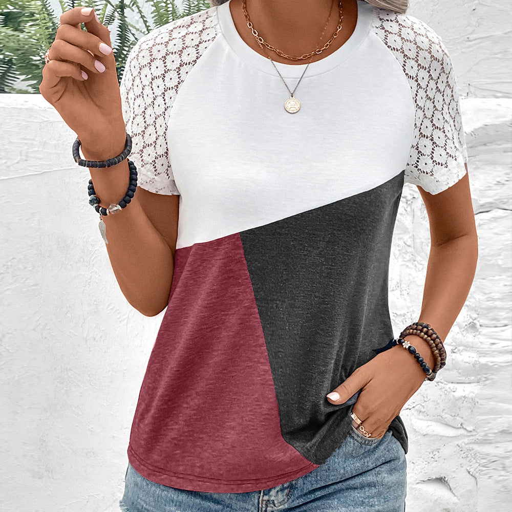 Women's relaxed fit cotton blend tee with delicate lace sleeves and round neck casual style
